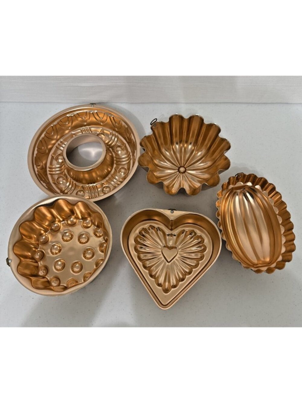 VTG Aluminum Copper Color Bundt Jello Mold Heart Pans Hanging Wall Decor Set